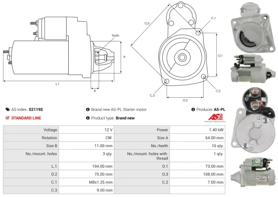 Starter 12 V 1,4 kW AS-PL S2119S Bild Starter 12 V 1,4 kW AS-PL S2119S