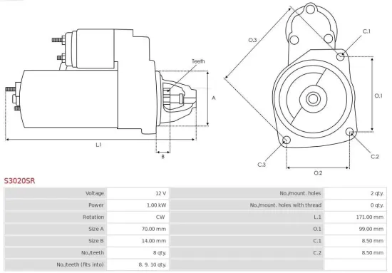 Starter 12 V 1 kW AS-PL S3020SR Bild Starter 12 V 1 kW AS-PL S3020SR
