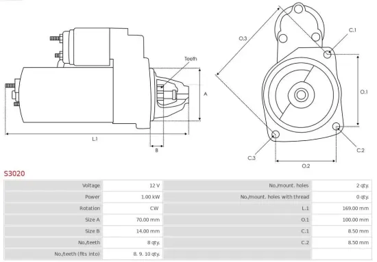 Starter 12 V 1 kW AS-PL S3020 Bild Starter 12 V 1 kW AS-PL S3020