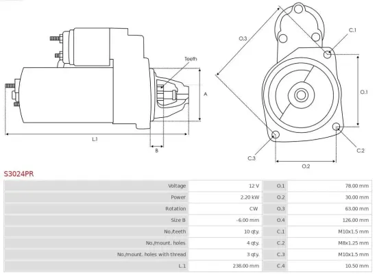 Starter 12 V 2,2 kW AS-PL S3024PR Bild Starter 12 V 2,2 kW AS-PL S3024PR