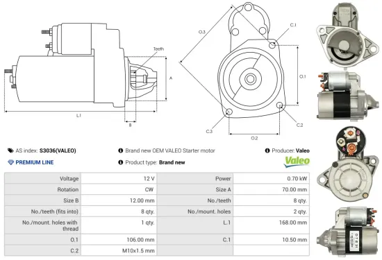 Starter 12 V 0,7 kW AS-PL S3036(VALEO) Bild Starter 12 V 0,7 kW AS-PL S3036(VALEO)