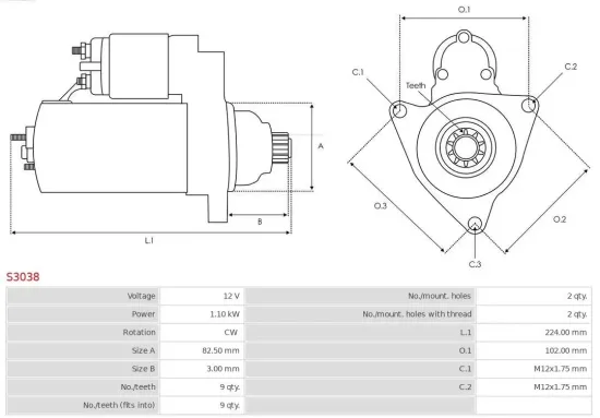 Starter 12 V 1,1 kW AS-PL S3038 Bild Starter 12 V 1,1 kW AS-PL S3038
