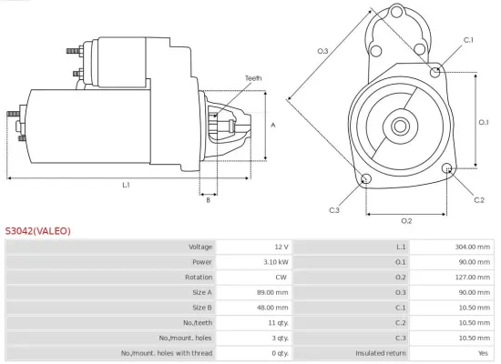 Starter 12 V 3,1 kW AS-PL S3042(VALEO) Bild Starter 12 V 3,1 kW AS-PL S3042(VALEO)