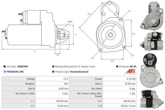 Starter 12 V 0,7 kW AS-PL S3051PR Bild Starter 12 V 0,7 kW AS-PL S3051PR