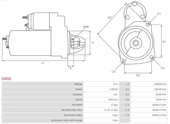 Starter 12 V 1,4 kW AS-PL S3052 Bild Starter 12 V 1,4 kW AS-PL S3052