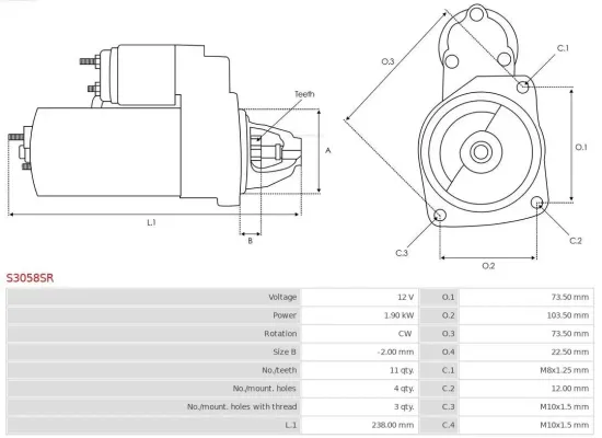 Starter 12 V 1,9 kW AS-PL S3058SR Bild Starter 12 V 1,9 kW AS-PL S3058SR