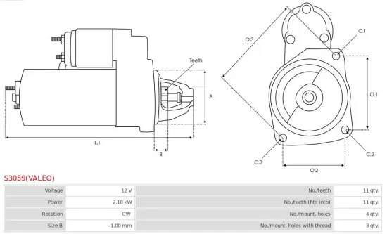Starter 12 V 2,1 kW AS-PL S3059(VALEO) Bild Starter 12 V 2,1 kW AS-PL S3059(VALEO)