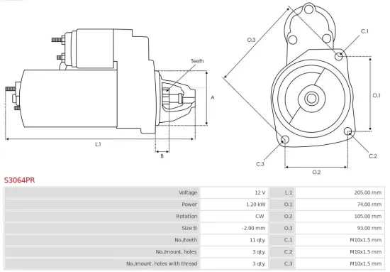 Starter 12 V 1,2 kW AS-PL S3064PR Bild Starter 12 V 1,2 kW AS-PL S3064PR
