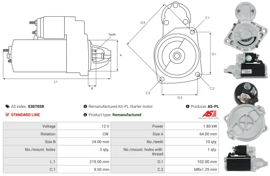 Starter 12 V 1,8 kW AS-PL S3070SR Bild Starter 12 V 1,8 kW AS-PL S3070SR