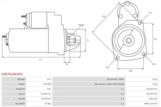 Starter 12 V 1,8 kW AS-PL S3070(VALEO) Bild Starter 12 V 1,8 kW AS-PL S3070(VALEO)