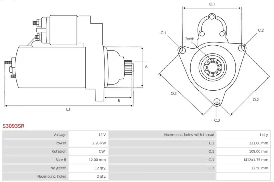 Starter 12 V 2,2 kW AS-PL S3093SR Bild Starter 12 V 2,2 kW AS-PL S3093SR