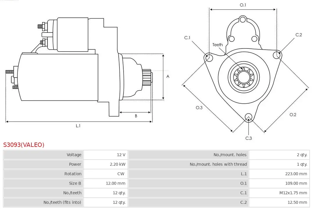 Starter 12 V 2,2 kW AS-PL S3093(VALEO) Bild Starter 12 V 2,2 kW AS-PL S3093(VALEO)