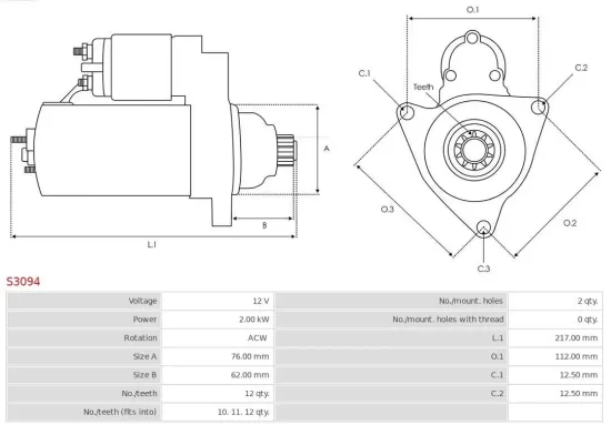 Starter 12 V 2 kW AS-PL S3094 Bild Starter 12 V 2 kW AS-PL S3094