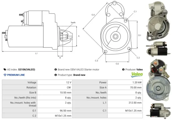 Starter 12 V 1,2 kW AS-PL S3106(VALEO) Bild Starter 12 V 1,2 kW AS-PL S3106(VALEO)