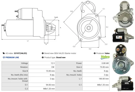 Starter 12 V 0,8 kW AS-PL S3107(VALEO) Bild Starter 12 V 0,8 kW AS-PL S3107(VALEO)