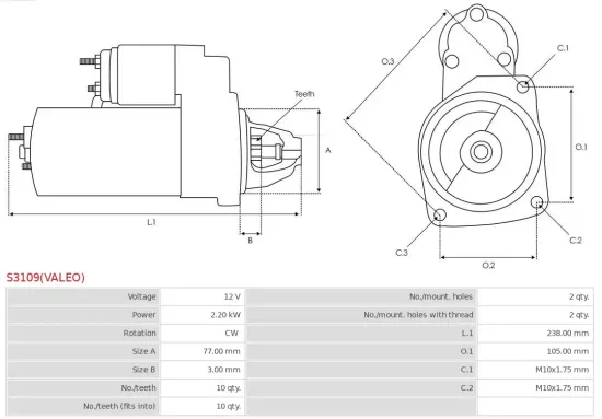 Starter 12 V 2,2 kW AS-PL S3109(VALEO) Bild Starter 12 V 2,2 kW AS-PL S3109(VALEO)