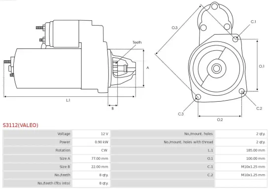 Starter 12 V 0,9 kW AS-PL S3112(VALEO) Bild Starter 12 V 0,9 kW AS-PL S3112(VALEO)