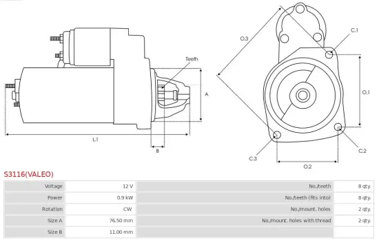 Starter 12 V 0,9 kW AS-PL S3116(VALEO) Bild Starter 12 V 0,9 kW AS-PL S3116(VALEO)