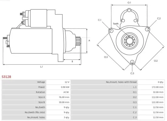 Starter 12 V 0,9 kW AS-PL S3128 Bild Starter 12 V 0,9 kW AS-PL S3128