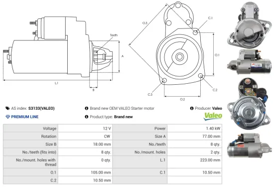 Starter 12 V 1,4 kW AS-PL S3133(VALEO) Bild Starter 12 V 1,4 kW AS-PL S3133(VALEO)