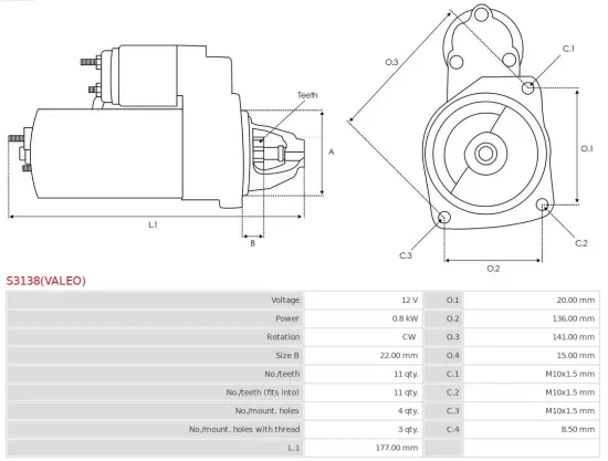 Starter 12 V 0,8 kW AS-PL S3138(VALEO) Bild Starter 12 V 0,8 kW AS-PL S3138(VALEO)