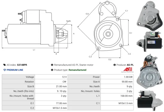 Starter 12 V 1 kW AS-PL S3148PR Bild Starter 12 V 1 kW AS-PL S3148PR