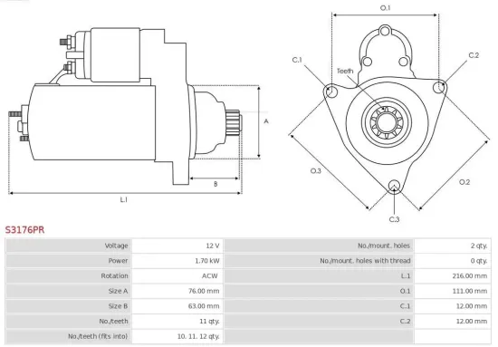 Starter 12 V 1,7 kW AS-PL S3176PR Bild Starter 12 V 1,7 kW AS-PL S3176PR