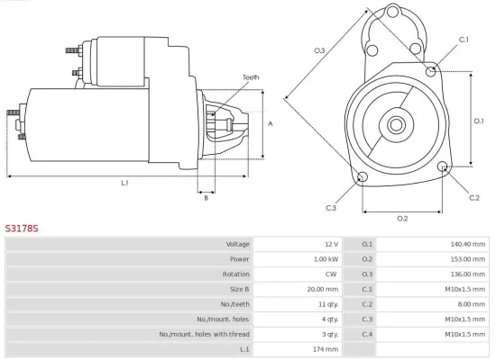 Starter 12 V 1 kW AS-PL S3178S Bild Starter 12 V 1 kW AS-PL S3178S