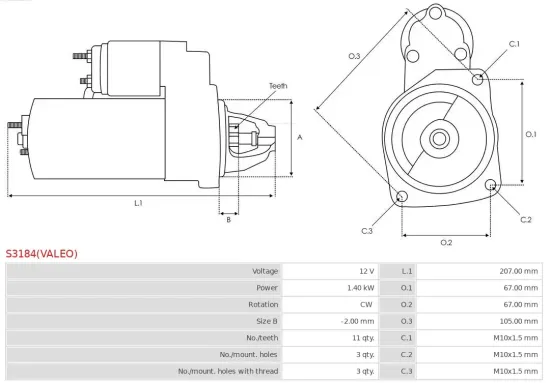 Starter 12 V 1,4 kW AS-PL S3184(VALEO) Bild Starter 12 V 1,4 kW AS-PL S3184(VALEO)