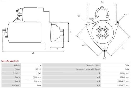 Starter 12 V 1,7 kW AS-PL S3185(VALEO) Bild Starter 12 V 1,7 kW AS-PL S3185(VALEO)