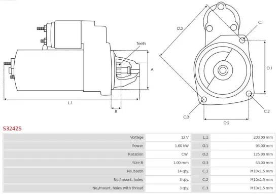 Starter 12 V 1,6 kW AS-PL S3242S Bild Starter 12 V 1,6 kW AS-PL S3242S