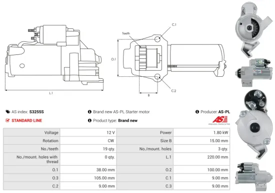 Starter 12 V 1,8 kW AS-PL S3255S Bild Starter 12 V 1,8 kW AS-PL S3255S