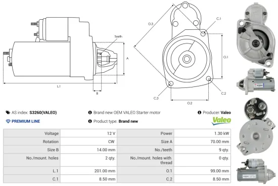 Starter 12 V 1,3 kW AS-PL S3260(VALEO) Bild Starter 12 V 1,3 kW AS-PL S3260(VALEO)