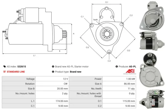 Starter 12 V 1 kW AS-PL S3261S Bild Starter 12 V 1 kW AS-PL S3261S