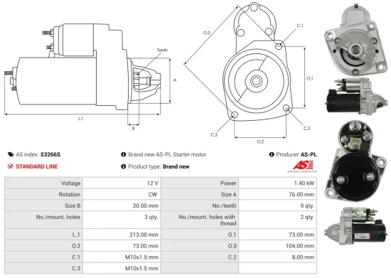 Starter 12 V 1,4 kW AS-PL S3266S Bild Starter 12 V 1,4 kW AS-PL S3266S