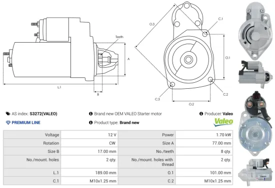 Starter 12 V 1,7 kW AS-PL S3272(VALEO) Bild Starter 12 V 1,7 kW AS-PL S3272(VALEO)