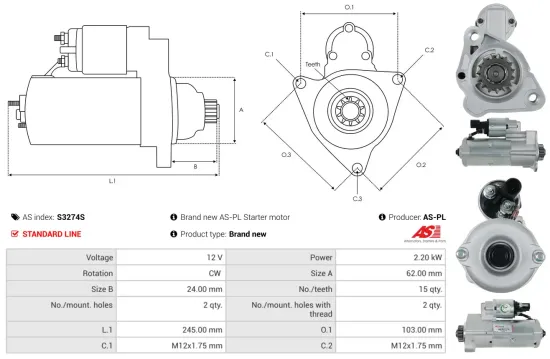 Starter 12 V 2,2 kW AS-PL S3274S Bild Starter 12 V 2,2 kW AS-PL S3274S