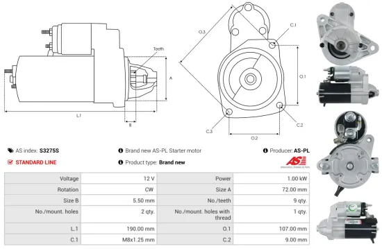 Starter 12 V 1 kW AS-PL S3275S Bild Starter 12 V 1 kW AS-PL S3275S