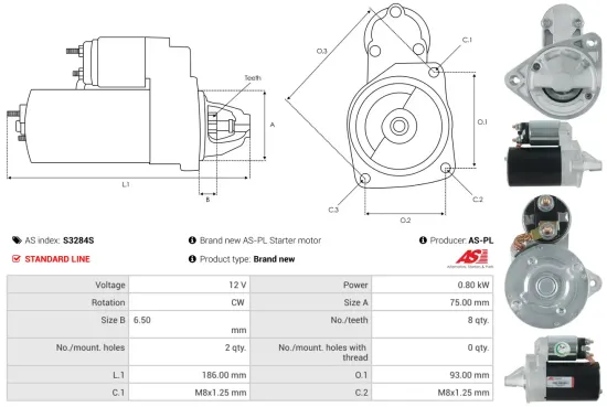 Starter 12 V 0,8 kW AS-PL S3284S Bild Starter 12 V 0,8 kW AS-PL S3284S