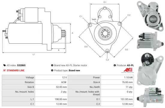Starter 12 V 1,1 kW AS-PL S3286S Bild Starter 12 V 1,1 kW AS-PL S3286S