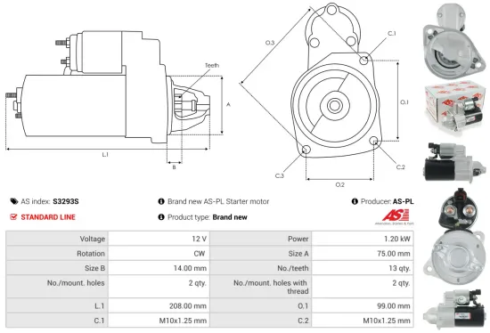 Starter 12 V 1,2 kW AS-PL S3293S Bild Starter 12 V 1,2 kW AS-PL S3293S