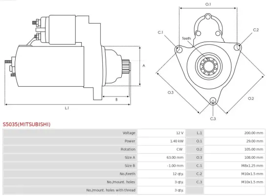 Starter 12 V 1,4 kW AS-PL S5035(MITSUBISHI) Bild Starter 12 V 1,4 kW AS-PL S5035(MITSUBISHI)