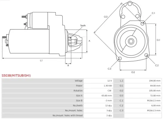 Starter 12 V 1,3 kW AS-PL S5038(MITSUBISHI) Bild Starter 12 V 1,3 kW AS-PL S5038(MITSUBISHI)