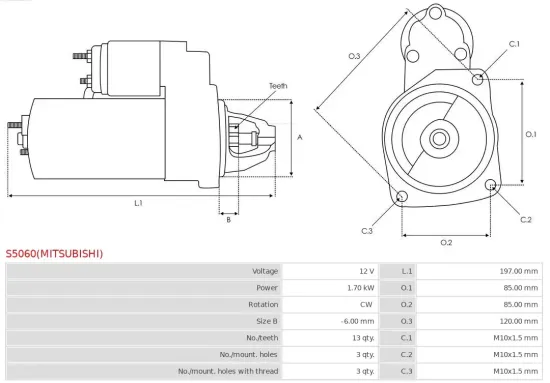 Starter 12 V 1,7 kW AS-PL S5060(MITSUBISHI) Bild Starter 12 V 1,7 kW AS-PL S5060(MITSUBISHI)