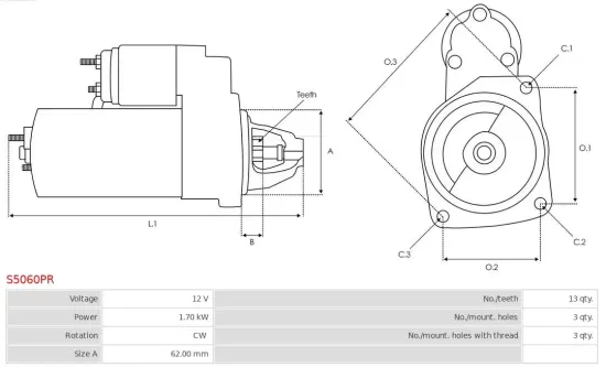 Starter 12 V 1,7 kW AS-PL S5060PR Bild Starter 12 V 1,7 kW AS-PL S5060PR