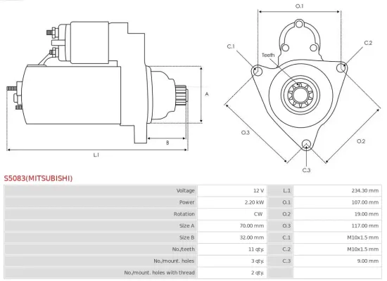 Starter 12 V 2,2 kW AS-PL S5083(MITSUBISHI) Bild Starter 12 V 2,2 kW AS-PL S5083(MITSUBISHI)