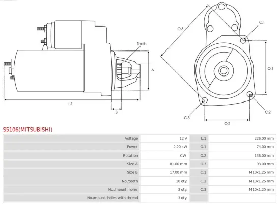 Starter 12 V 2,2 kW AS-PL S5106(MITSUBISHI) Bild Starter 12 V 2,2 kW AS-PL S5106(MITSUBISHI)