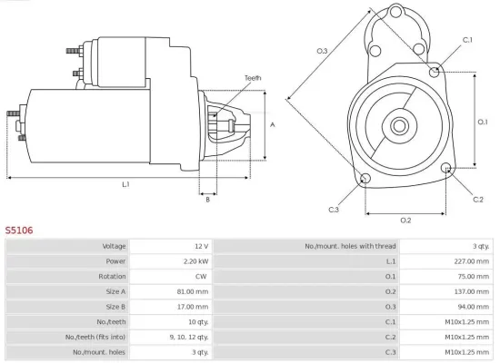 Starter 12 V 2,2 kW AS-PL S5106 Bild Starter 12 V 2,2 kW AS-PL S5106