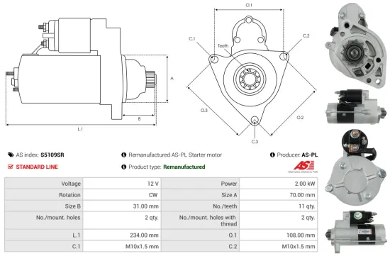 Starter 12 V 2 kW AS-PL S5109SR Bild Starter 12 V 2 kW AS-PL S5109SR