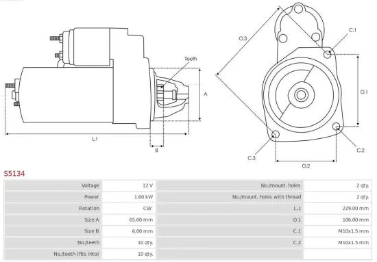Starter 12 V 1,6 kW AS-PL S5134 Bild Starter 12 V 1,6 kW AS-PL S5134